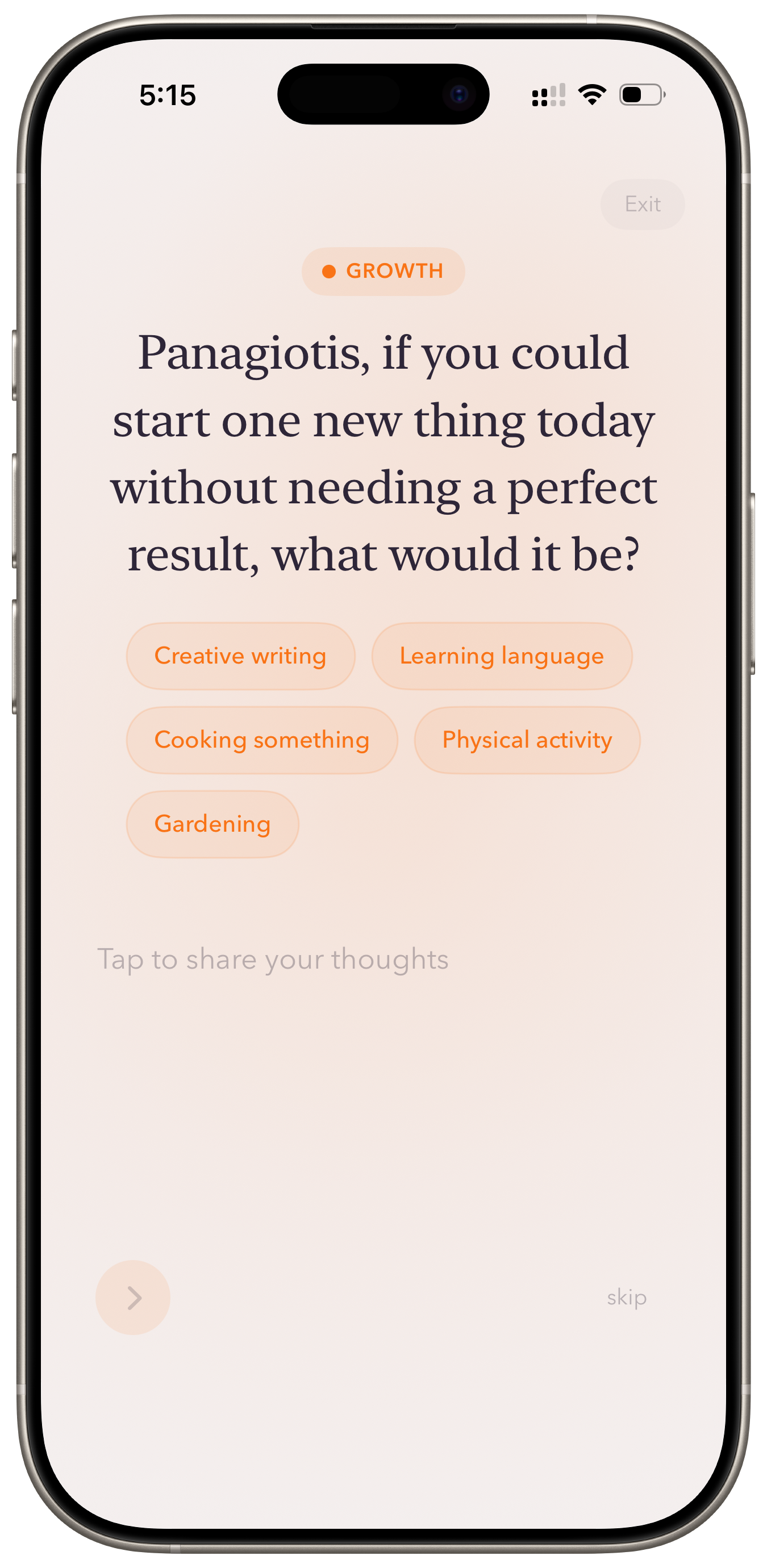 One app daily growth question with personalised suggestions
