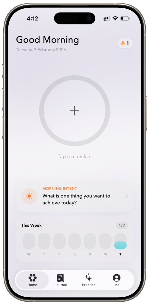 One app home screen with daily check-in