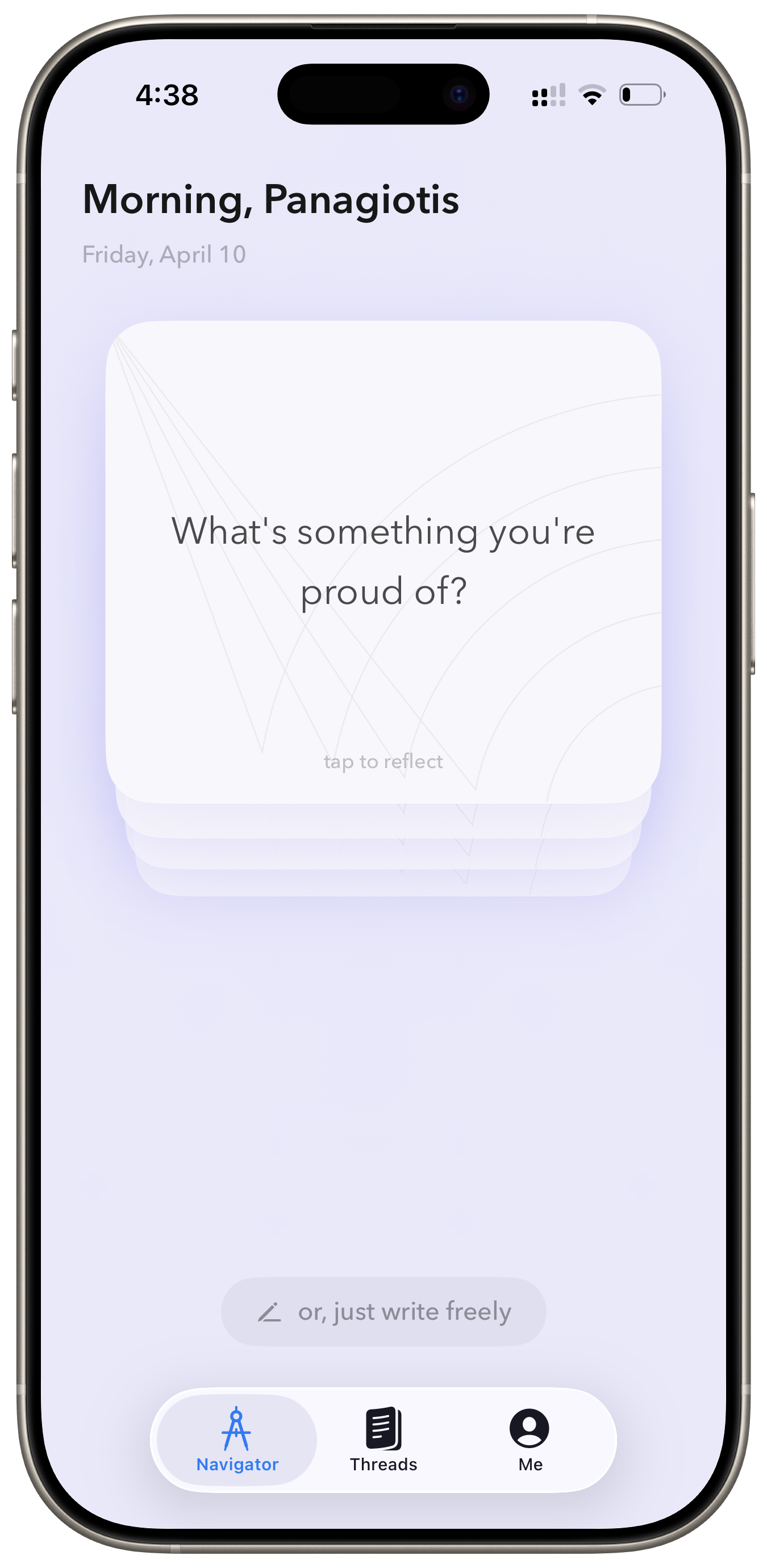 One app navigator home screen with daily reflection prompt