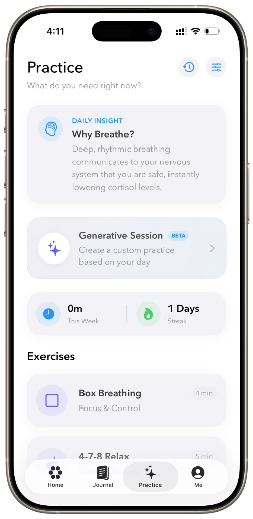One app practice screen with breathing exercises