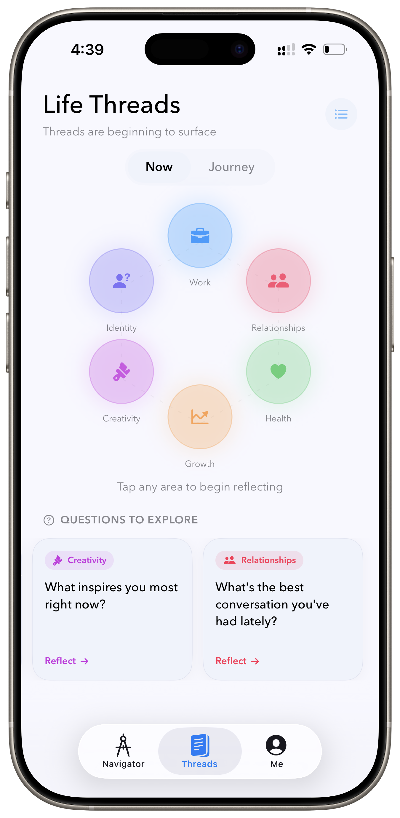 One app Life Threads view organising reflections by life area